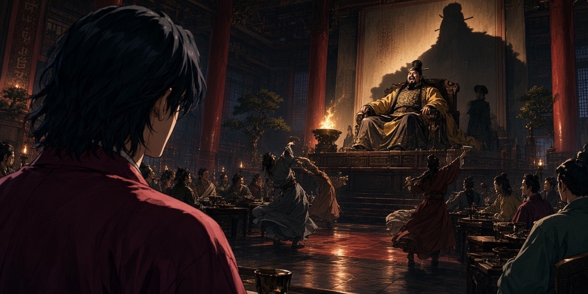 The Tang banquet: over Chunchu's cup, two rows of tables and spinning dancers; high on the dais the emperor laughs, under-lit gold and black, his shadow climbing into the rafters