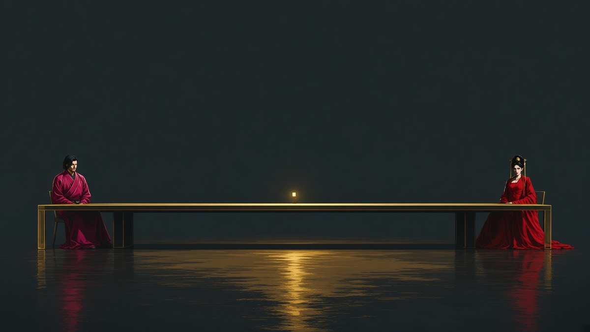 A single gold table-bar across a dark hall; Wu in red silk and Chunchu in magenta at opposite ends, one lamp