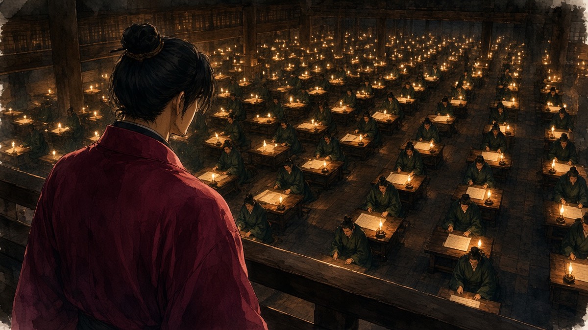 From a gallery rail, Chunchu looks down on a vast hall of clerks under lamps, memorials moving hand to hand