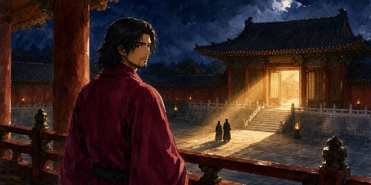 Blue hour on a Tang palace corridor: Chunchu at the balustrade watches lamplighters run lanterns along the terraces of the great hall