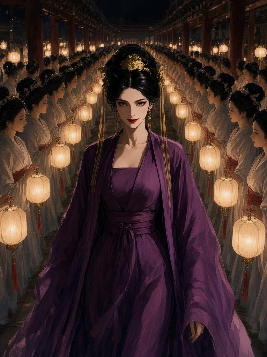 Wu walks a vast inner-palace corridor between ranks of concubines and maids with lanterns, every head turning to her