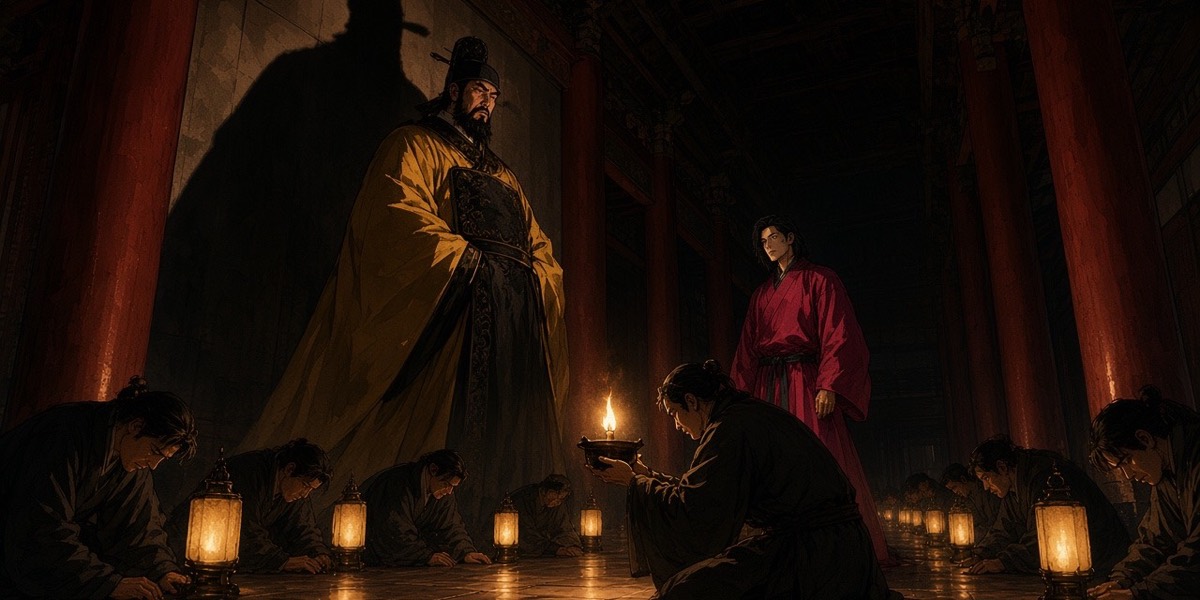 In a vast dark corridor two lines of lamp-bearers kneel with foreheads to the floor; the emperor towers over them and takes the one lamp, lit from below, Chunchu small behind him