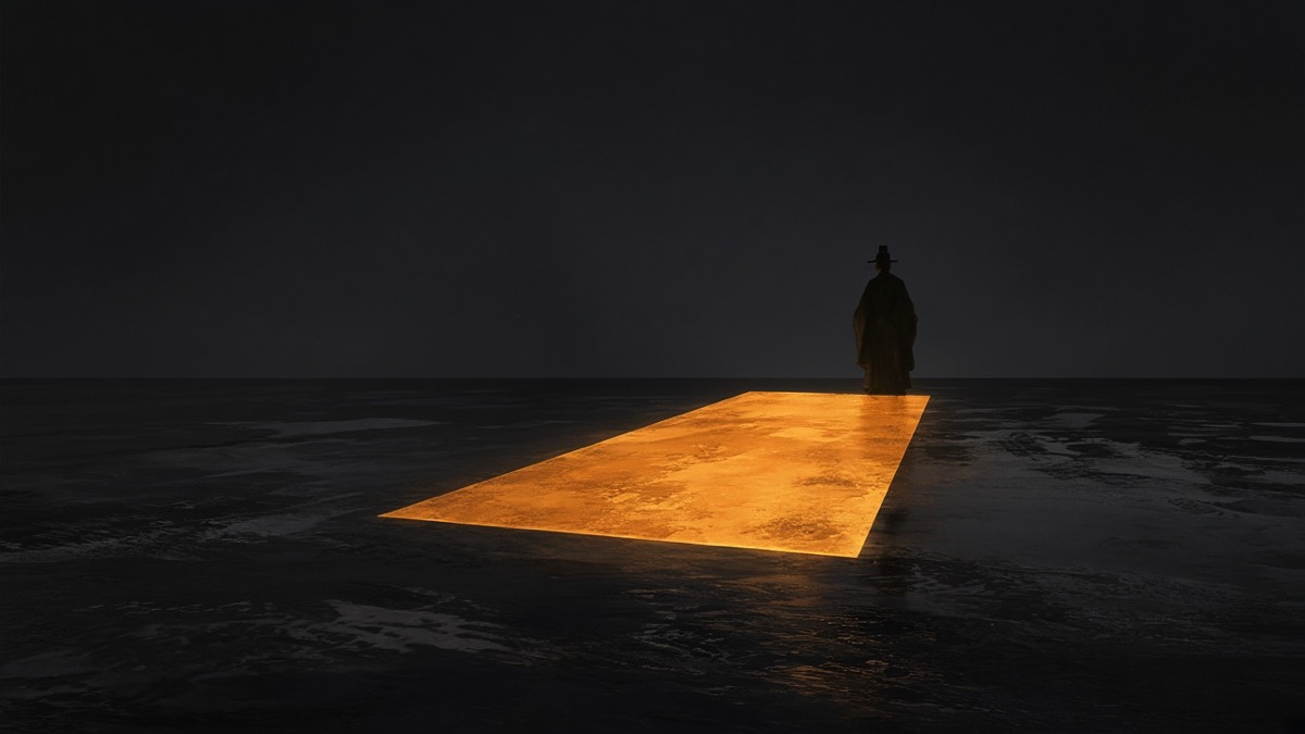 A hard amber map-rectangle on a wet black floor; tiny emperor-silhouette at the far edge — no face