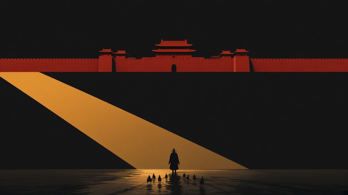 A thin black cavalry-ribbon turning from a red stone wall-bar; fading amber shaft — tiny silhouettes