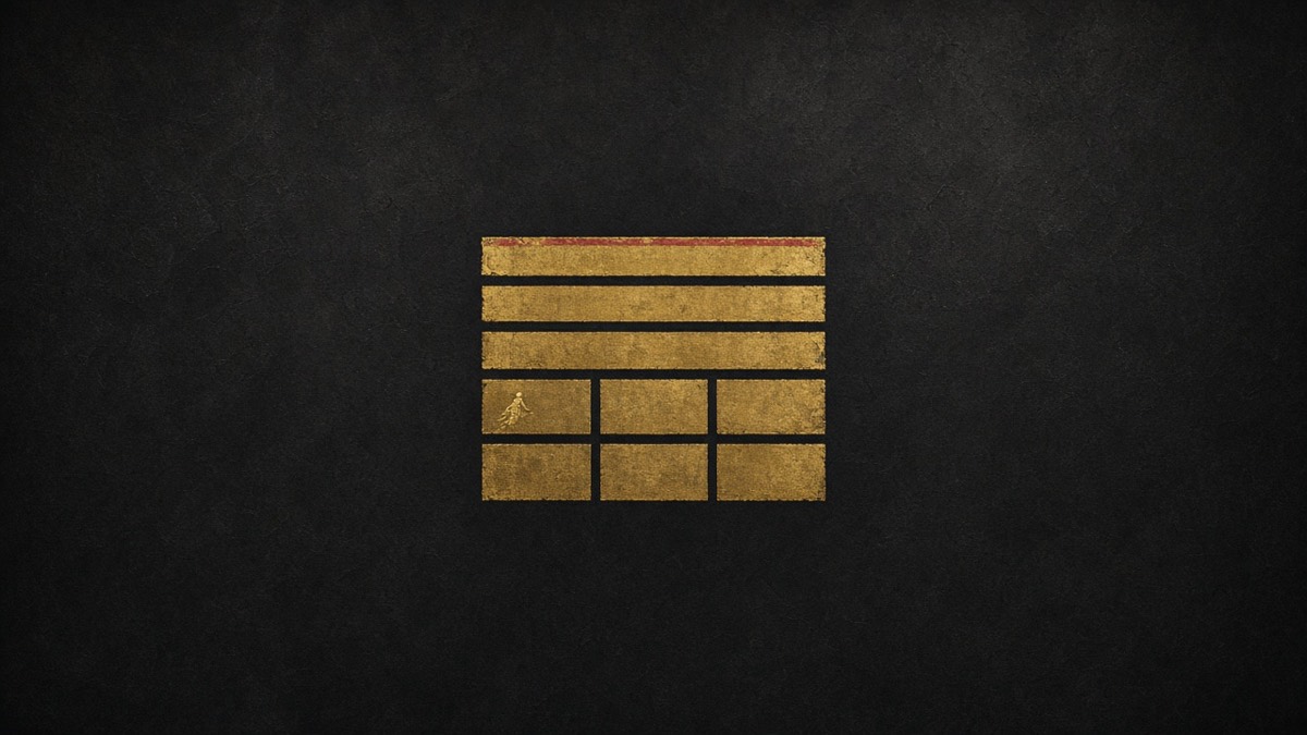 Tang court as a gold stamp-grid — three long rectangles over six blocks on a charcoal void, one crimson rim