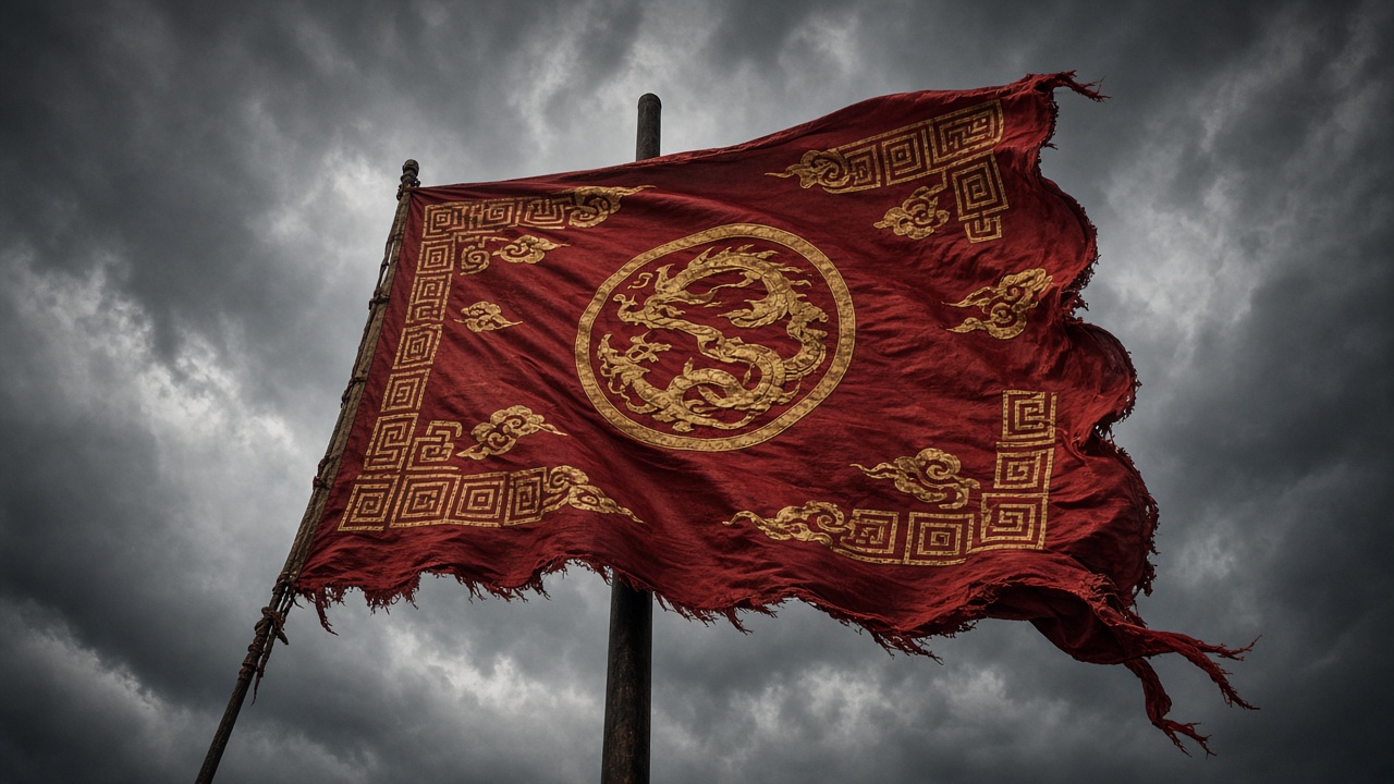 Massive Tang war banner rippling dramatically against stormy grey sky - foreign invasion