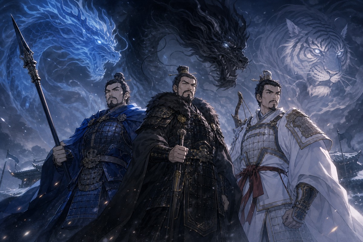 The three dragon-marshals of Tang before the opened gates of Pyongyang