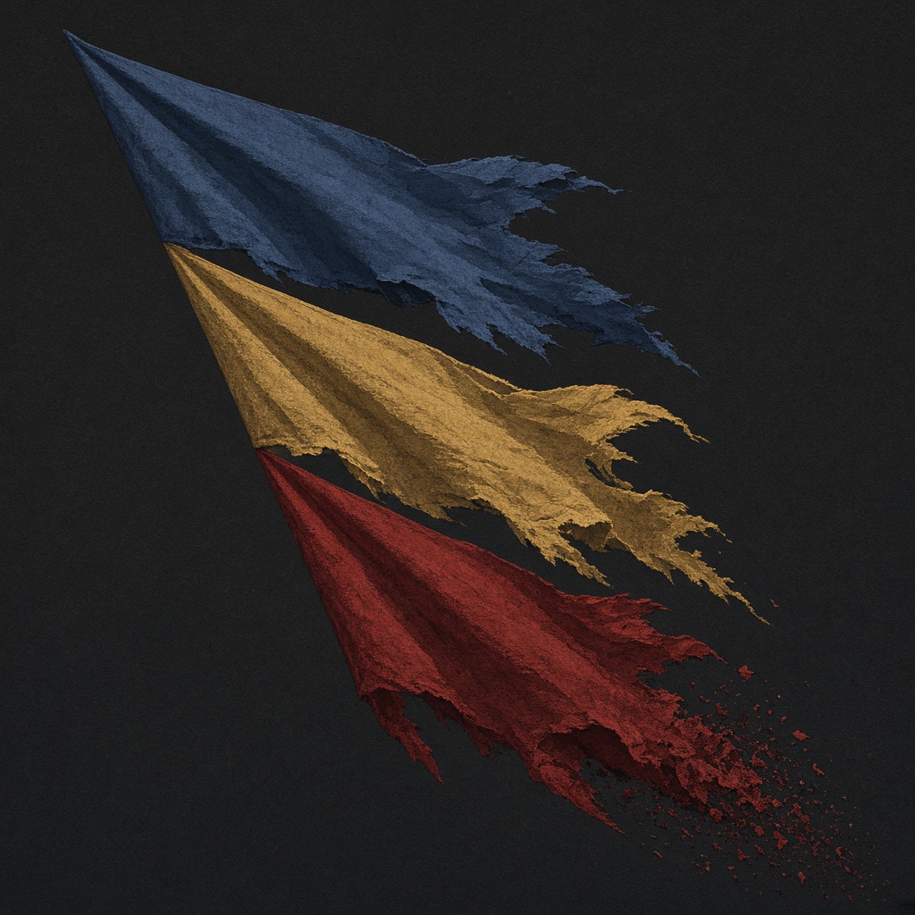 Three kingdom flags — blue, gold, red — unification