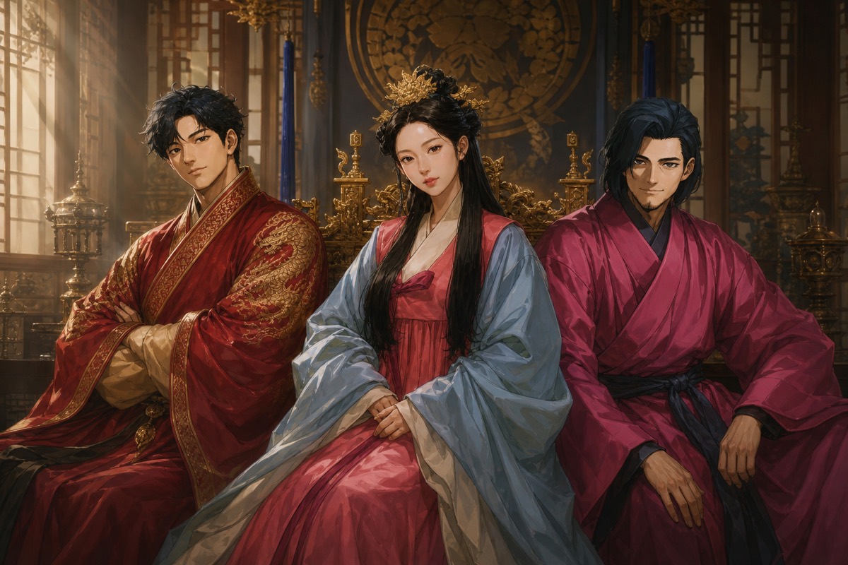 The three remaining Sacred Bone princesses — Seungman, Dukman, and Chunmyung — enthroned side by side