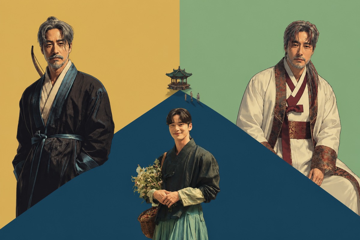 Three flat color fields — gold heaven, sage flower-field, violet underworld — meet at a tiny Korean pavilion