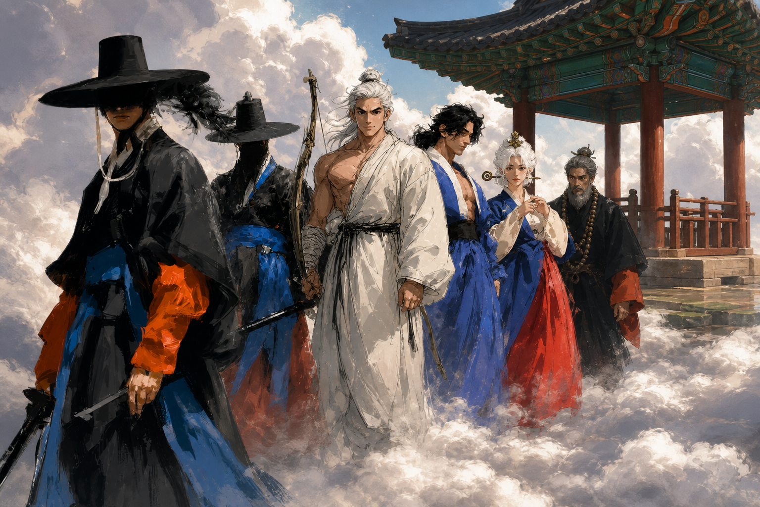 Servants of the Three Realms walk the cloud-road toward the pavilion before the principals sit