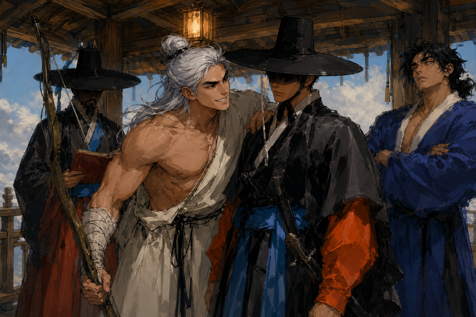 Haemosu leans on Kangrim inside the pavilion, grinning, while Haewonmek and a clerk look on