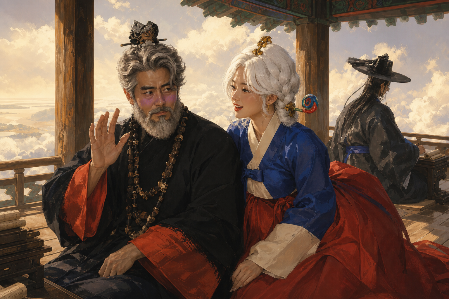 Yumla greets Samsin awkwardly on the pavilion floor while Haewonmek looks away over the clouds