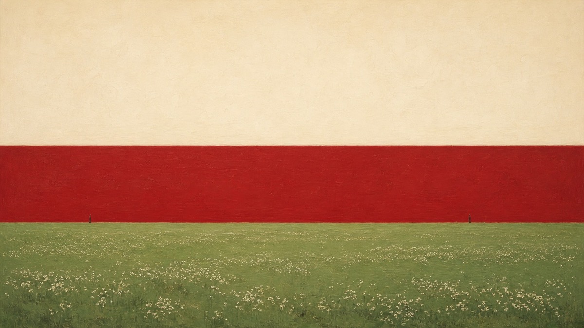 Wide three-plane court: heaven gold, living red, flower-field green — tiny god-specks