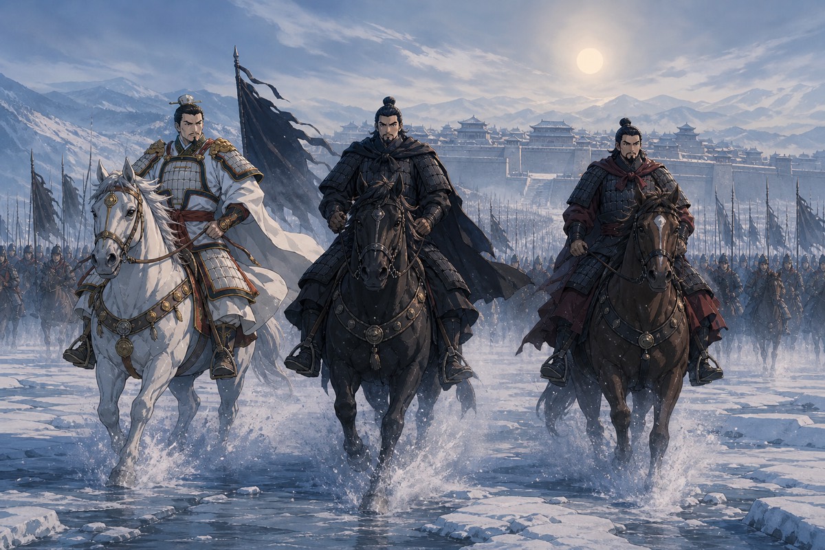 Three riders before Pyongyang's walls — Namseng returned to his father's city as Tang vanguard