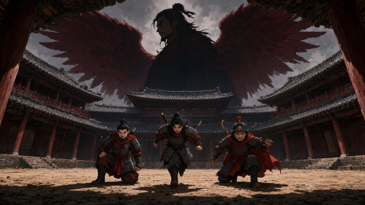 Dutch: three Yeon boys in a thin row in the mountain fortress hall — Gesomun edge silhouette