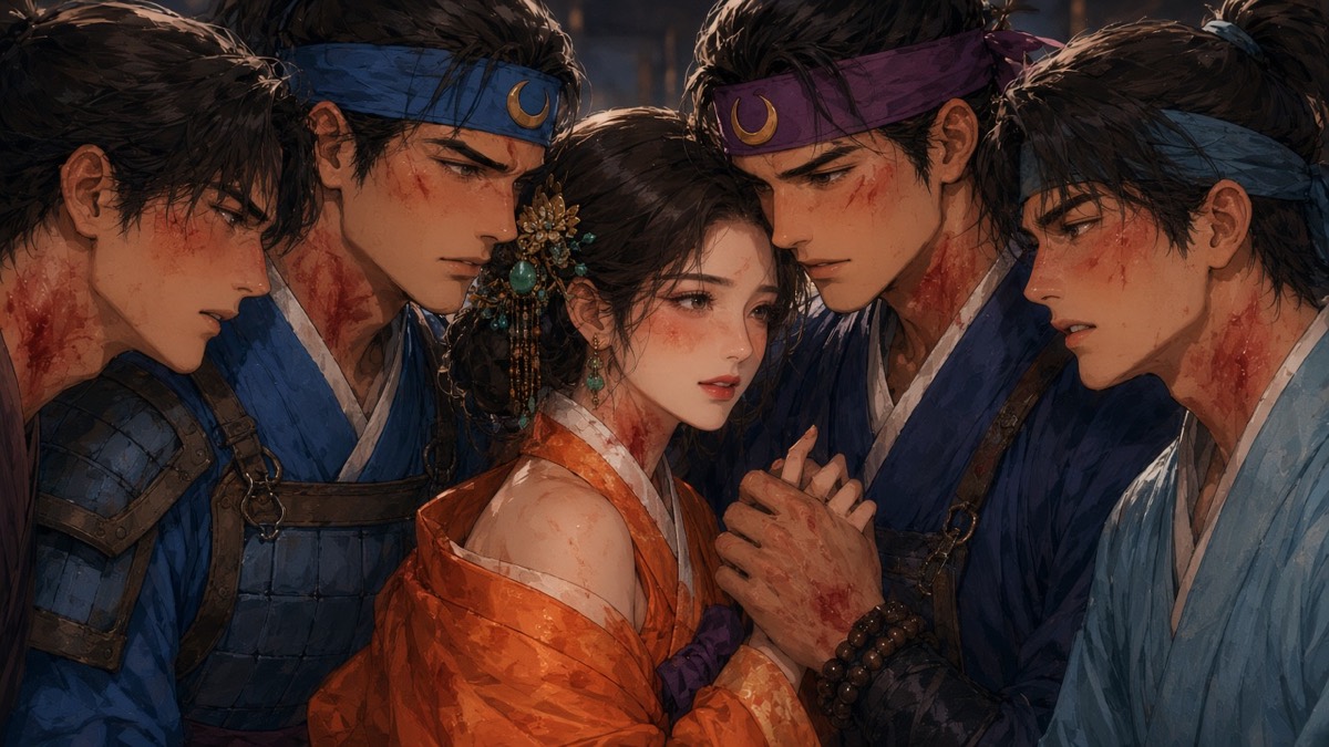 Wide Surabol yard: three tiny Hwarang orbit one vermilion queen-speck on navy and Confucian blue