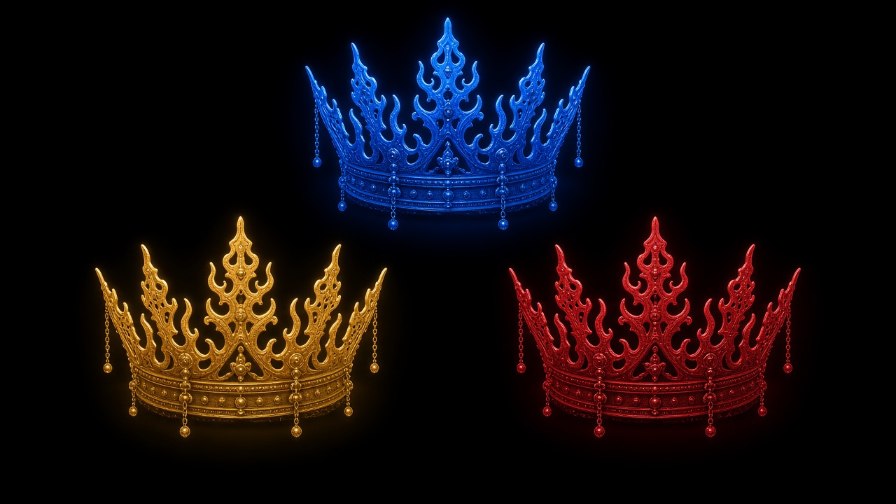 Three royal crowns in triangular symmetry - Silla blue, Baekje yellow, Goguryeo red - symbolizing power