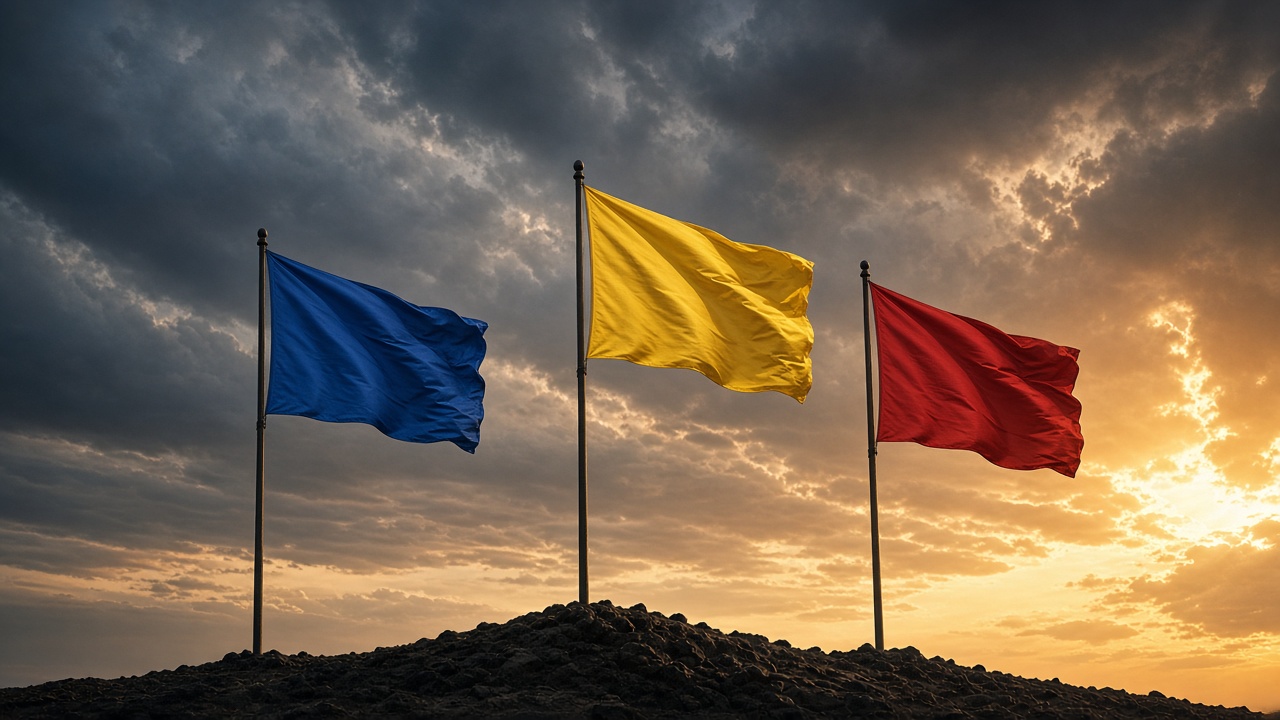 Three flags in triangle - Silla blue, Baekje yellow, Goguryeo red - against dramatic cloudy sky