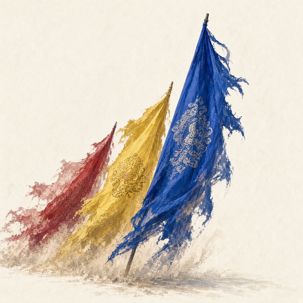 Three kingdom banners - Silla blue, Baekje yellow, Goguryeo red - showing the unification