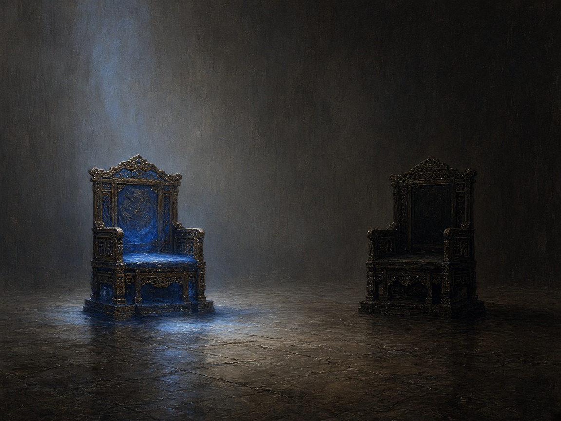 Two empty throne chairs - one glowing with Silla blue, one dark - symbolizing succession from Chunchu to Munmu