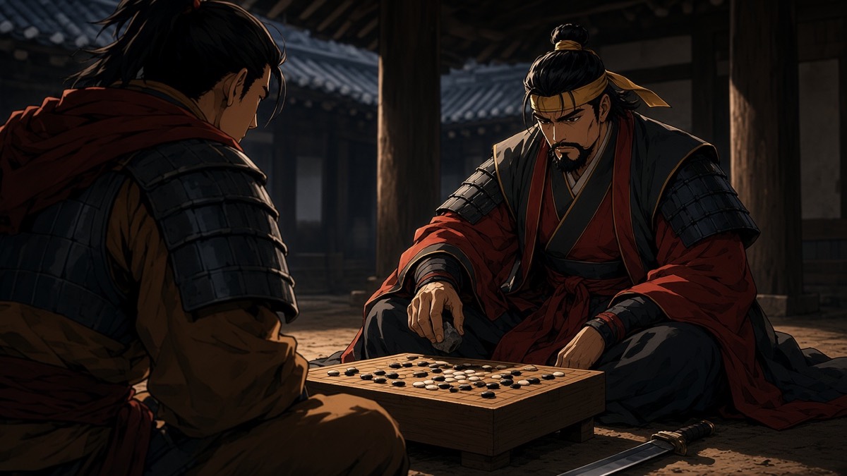 Dutch OTS: Euija and Gyebek at baduk — sword as a hard diagonal beside the board