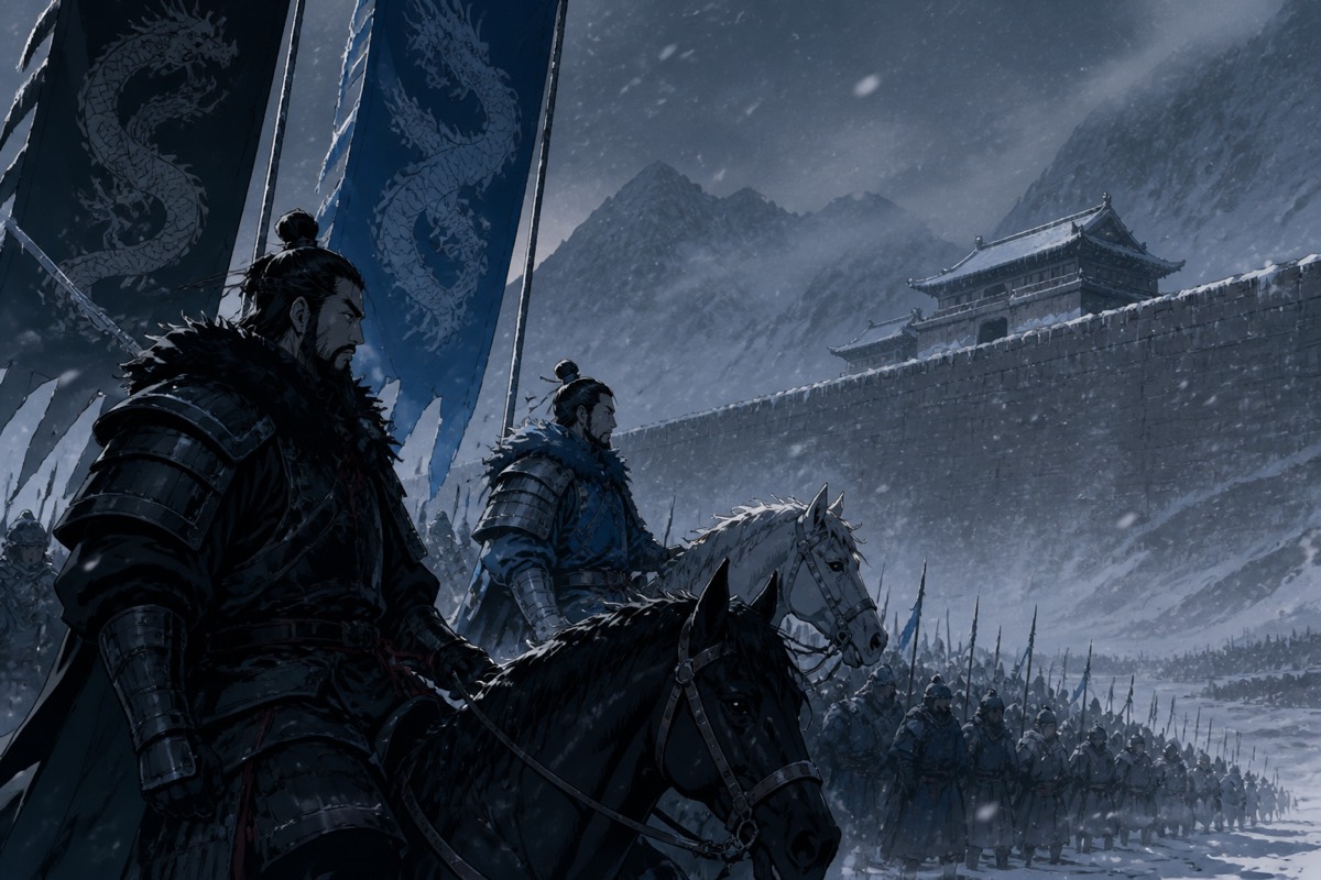 Two dragon banners over the frozen siege lines outside Pyongyang