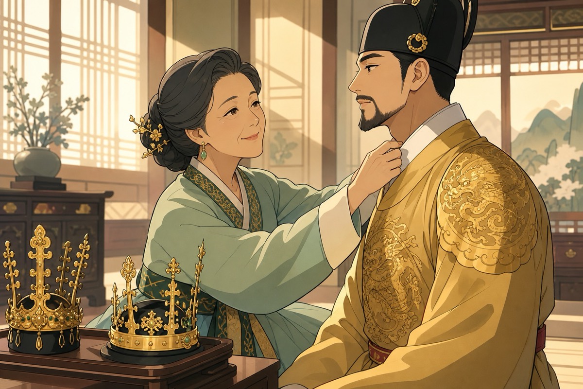 Two kings' crowns laid together as Munhee readies her son to be king of all Samhan