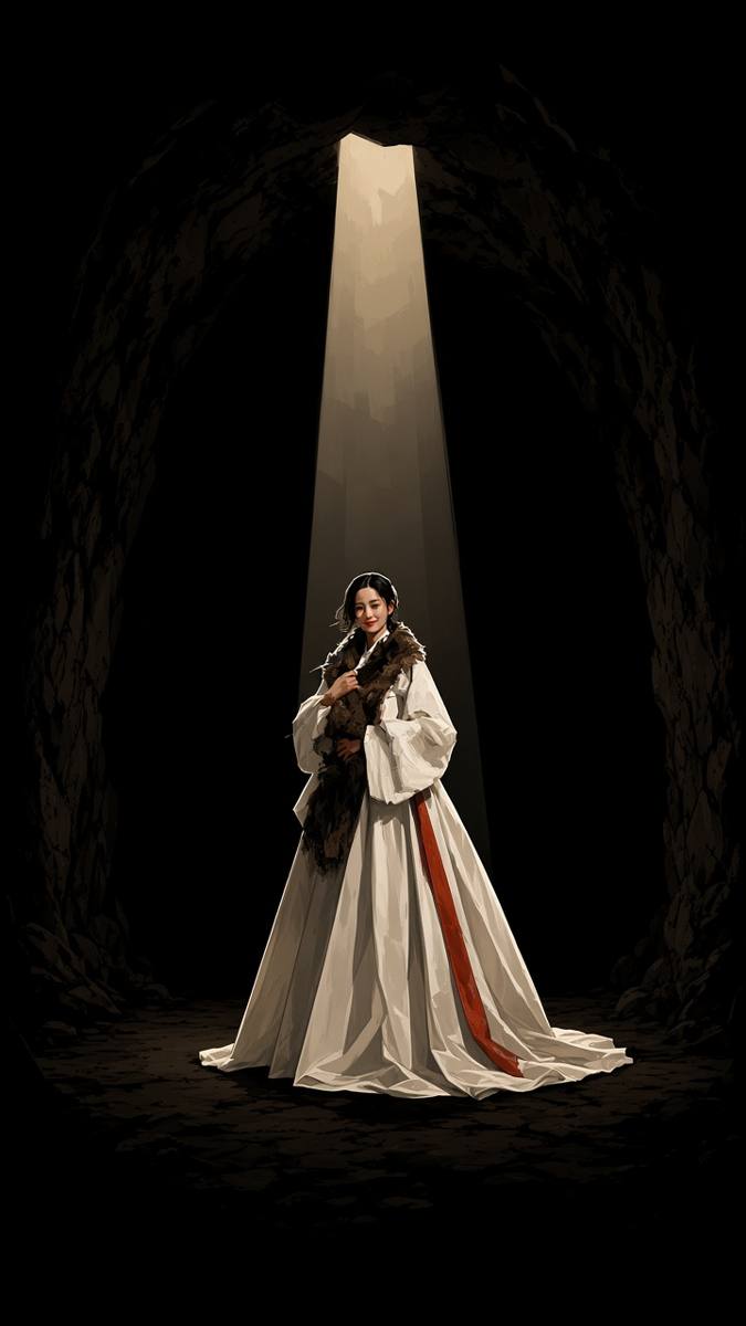 Ungnyeo the Bear-Woman in a black cave, one cream-gold shaft of light the only plane