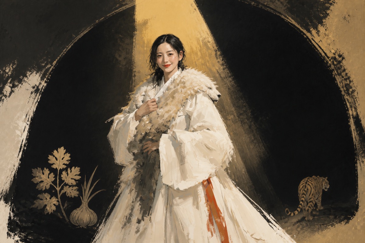 Ungnyeo as layout hero in a black cave-arch, cream-gold light, tiger leaving as a tiny silhouette