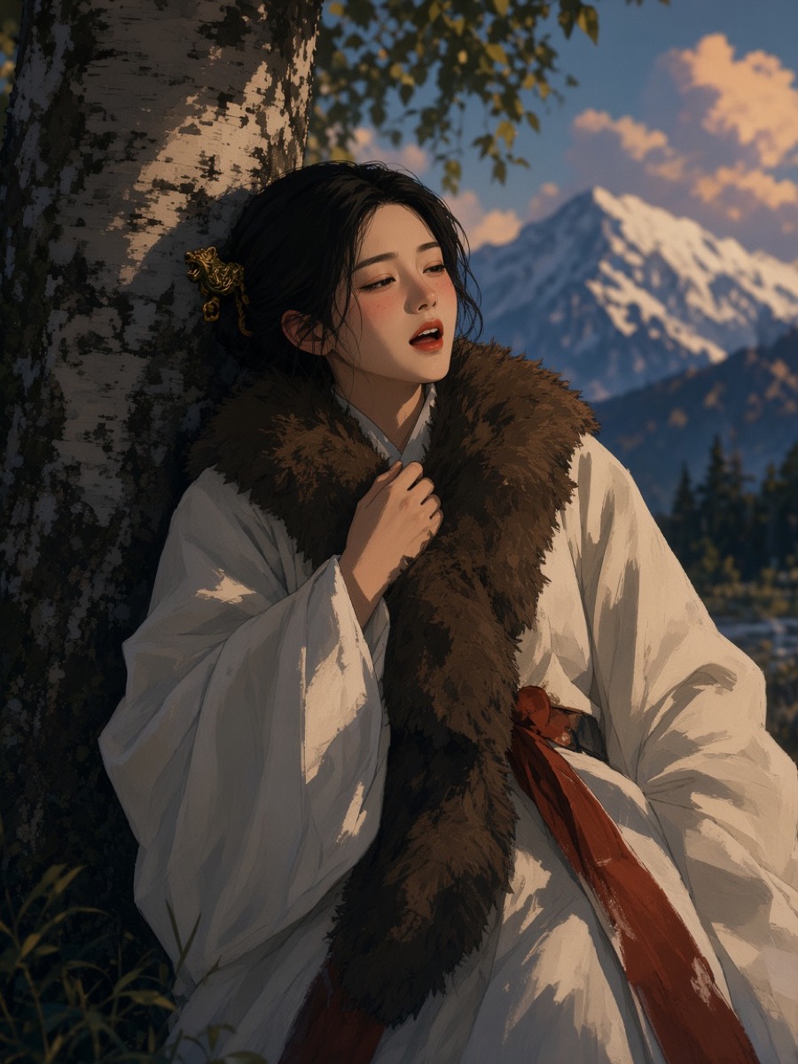 Ungnyeo against the birch, mouth open, about to tell him not to come closer