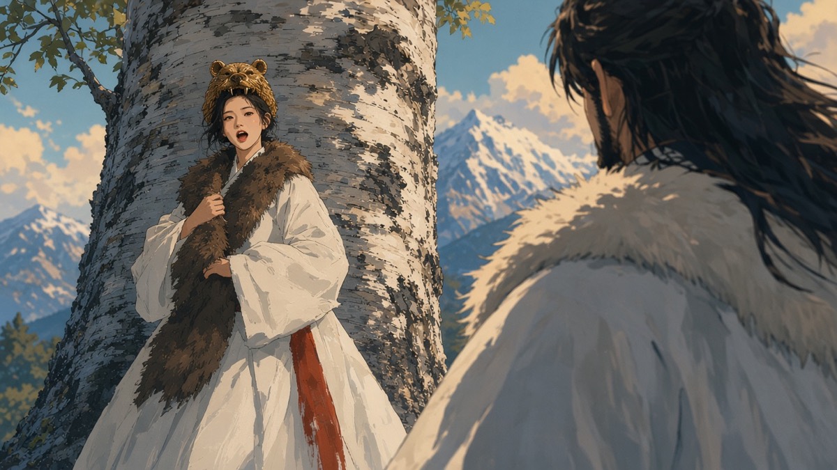OTS dutch: Ungnyeo at the birch watching Hwanung halt mid-path