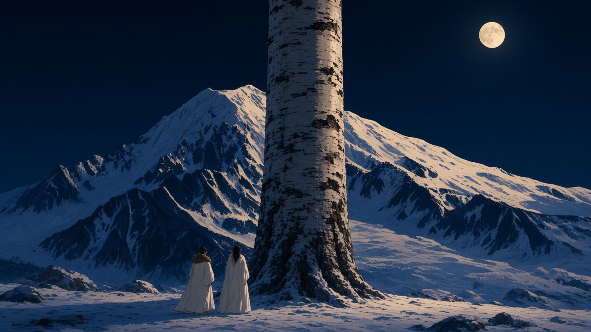 Iconic wide: tiny pair at the divine birch, moon stamp