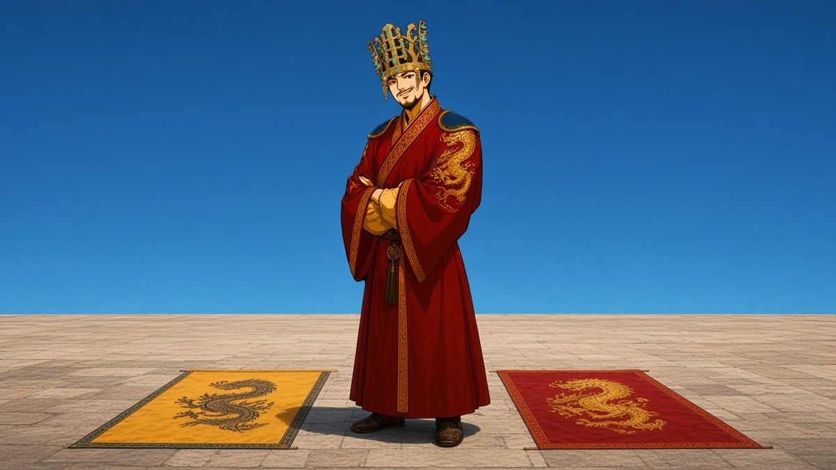 Munmu small under one blue Silla sky — yellow and red only as folded banners at his feet