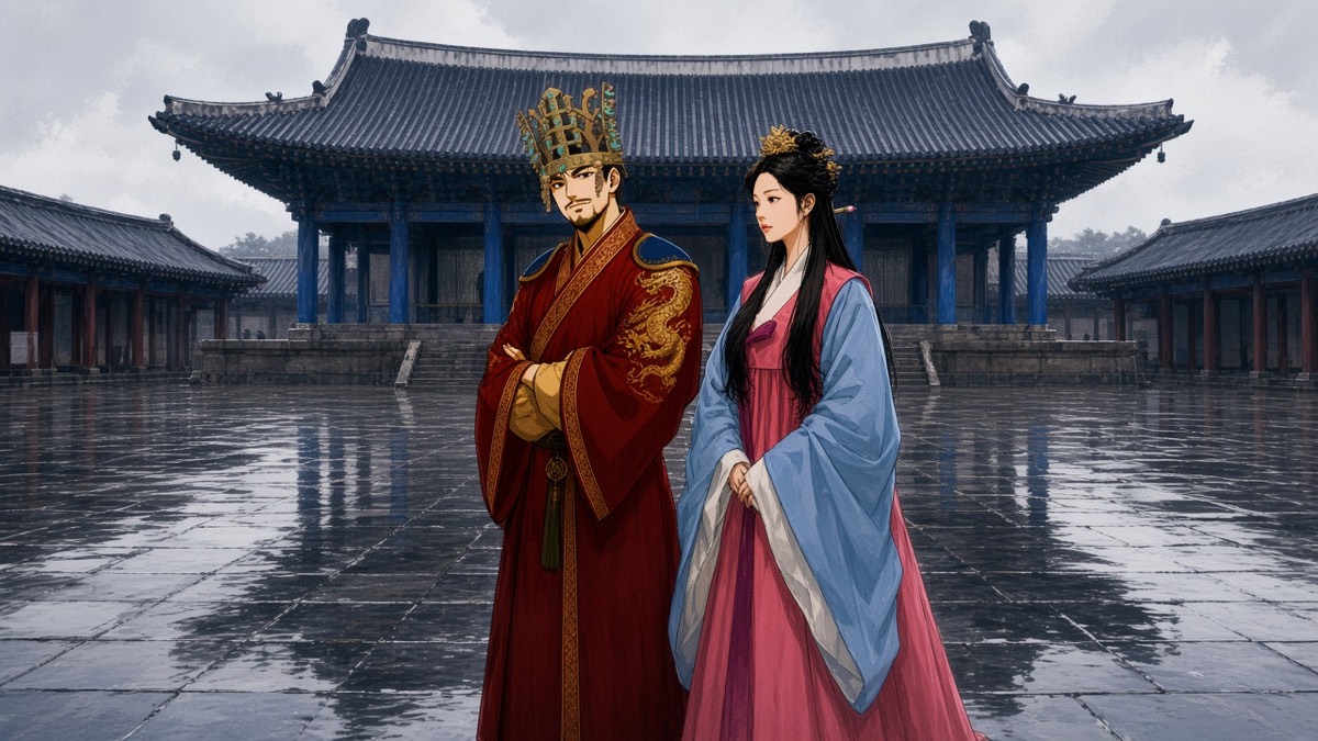 One crimson Munmu plane, one pink Munhee witness — two small figures on a wet Gyeongju court