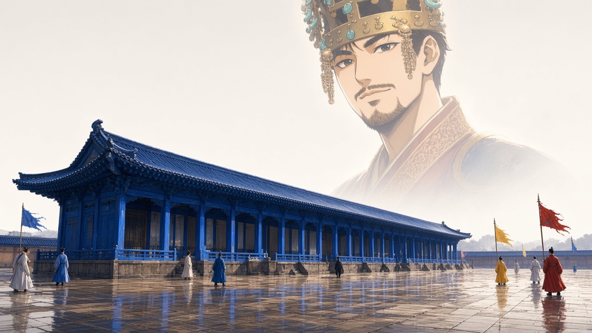 Wide Gyeongju morning: one blue Silla court on the basin, three old colors as thin banner specks