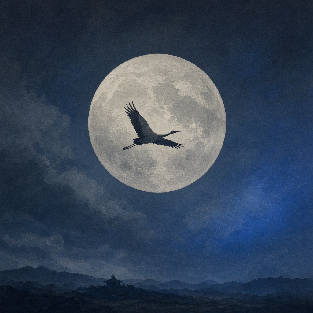 Full moon with crane silhouette crossing - peace after decades of war