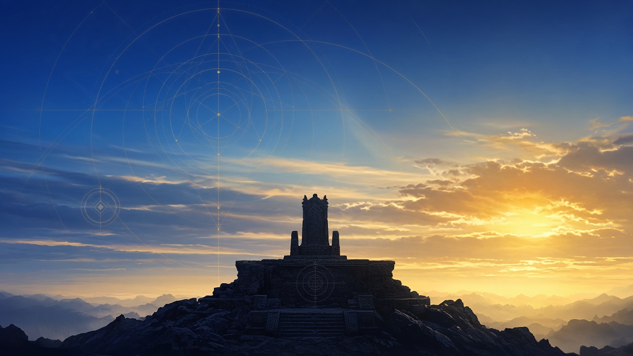 Ancient stone altar on mountaintop at dawn - the sacred coronation awaits