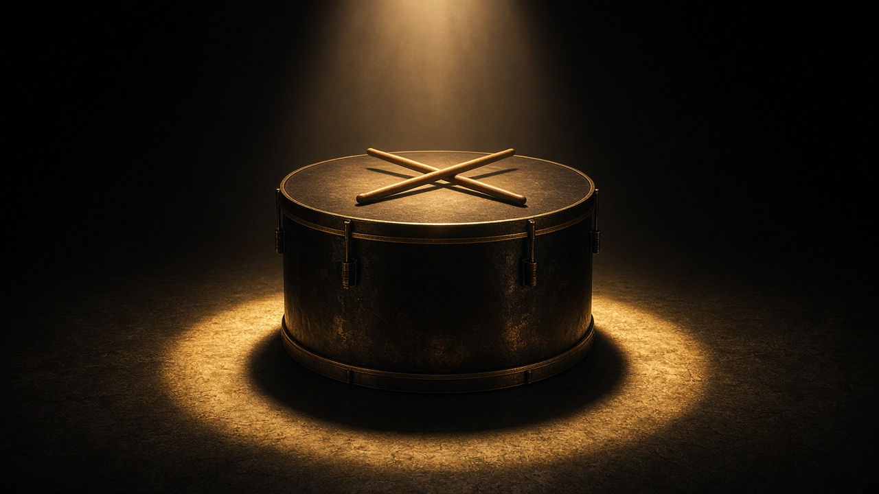 Massive war drum centered with spotlight from above creating golden light pool