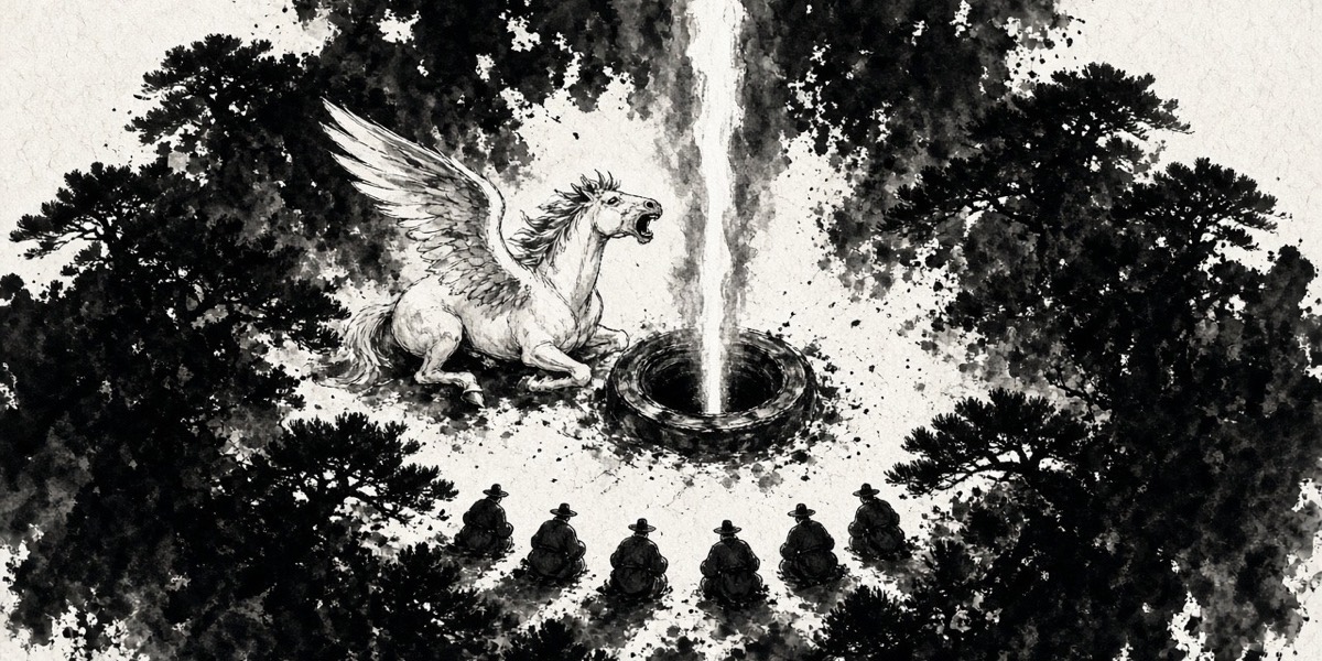 A white winged horse kneels crying beside Najeong well under a hanging shaft of light