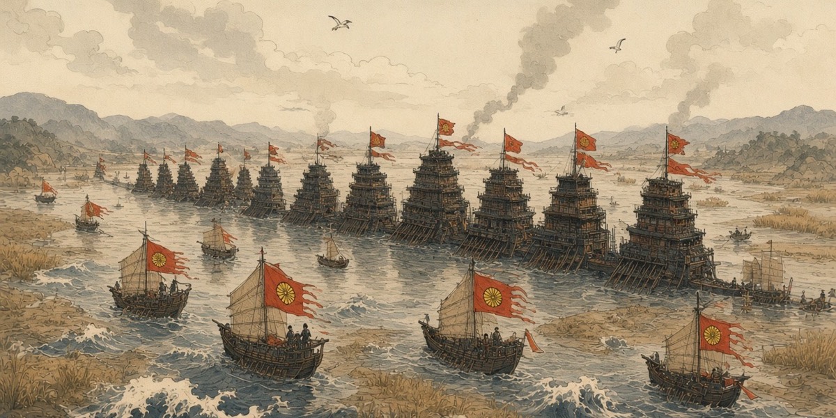 Dawn over the White River mouth: the Tang tower-ships moored in one dark wall across the channel, the Yamato boats small on the sea beyond