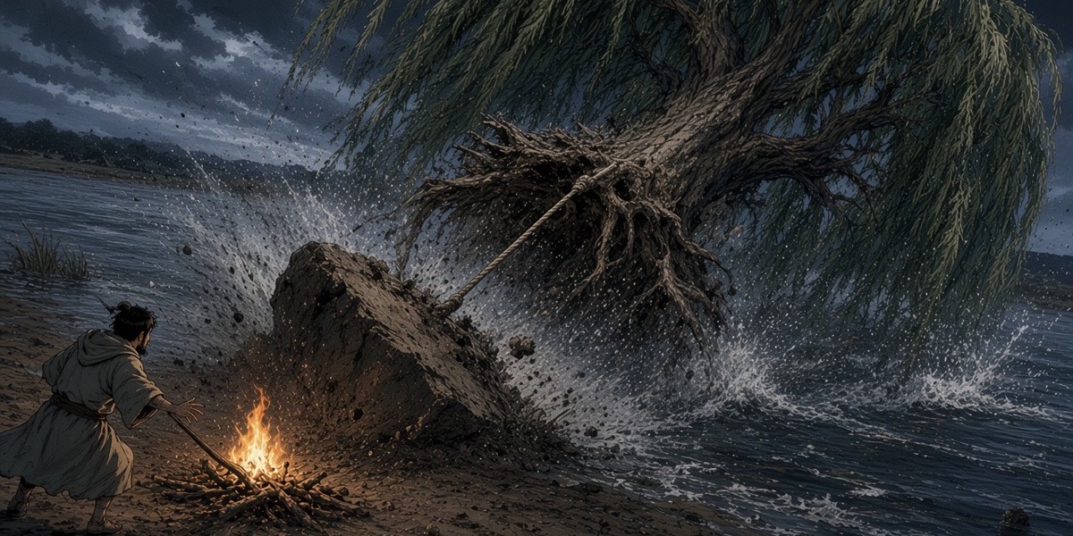 Night: the old willow tears out of the bank and crashes into the river, the taut rope dragging down into the water