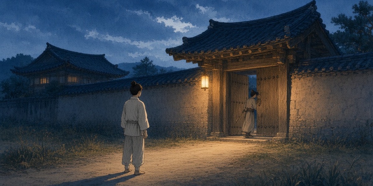 Wonsul, seen from behind, stands alone in the road before his mother's shut gate as night falls.