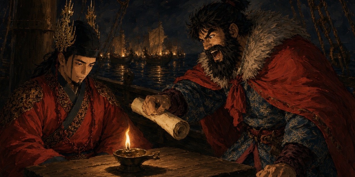 Night council on the king’s ship: Abe no Hirafu laughs over the lamp while King Pungjang leans away