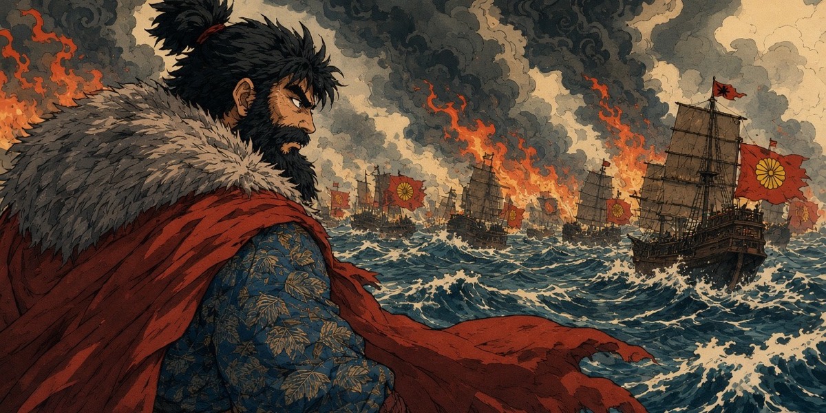 From the rear of the fleet Abe no Hirafu watches the first charge hit the wall of Tang hulls