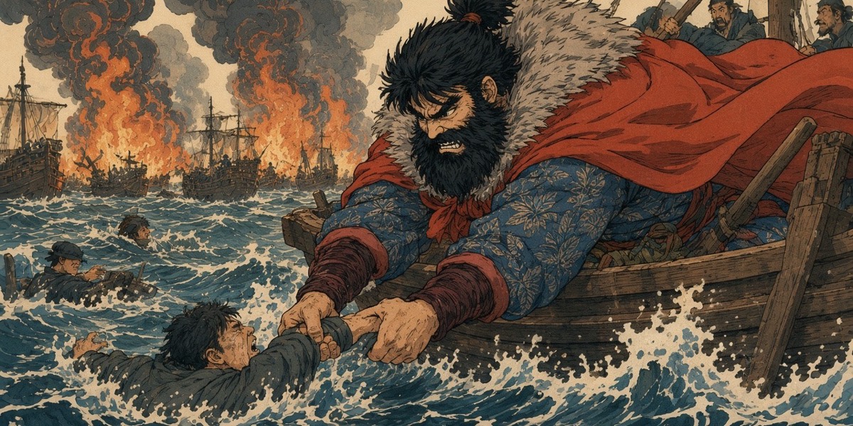 Abe no Hirafu hauls a half-armoured swimmer out of the sea as his ship turns for home