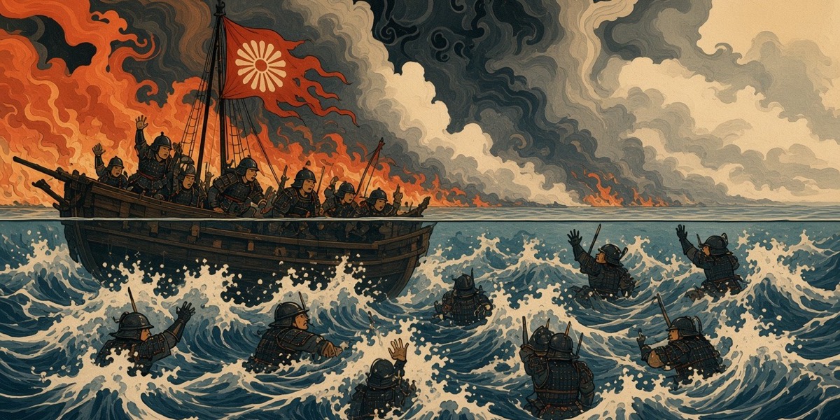 Yamato soldiers leap from a burning boat into the sea in their armour