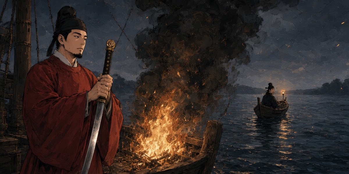 The two brothers divided by a column of smoke: Yung still on the Tang deck, Pung small in the fleeing boat