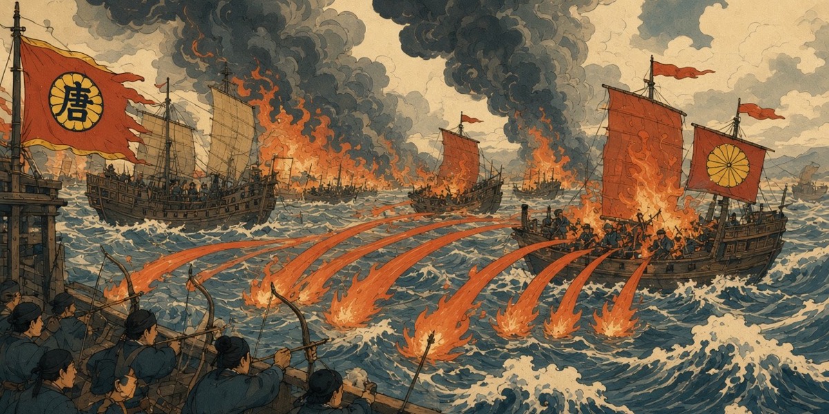 Tang archers on a tower-ship loose fire arrows into the packed Yamato boats
