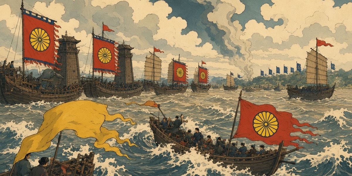 Four kingdoms’ banners strung along one waterline at the White River mouth